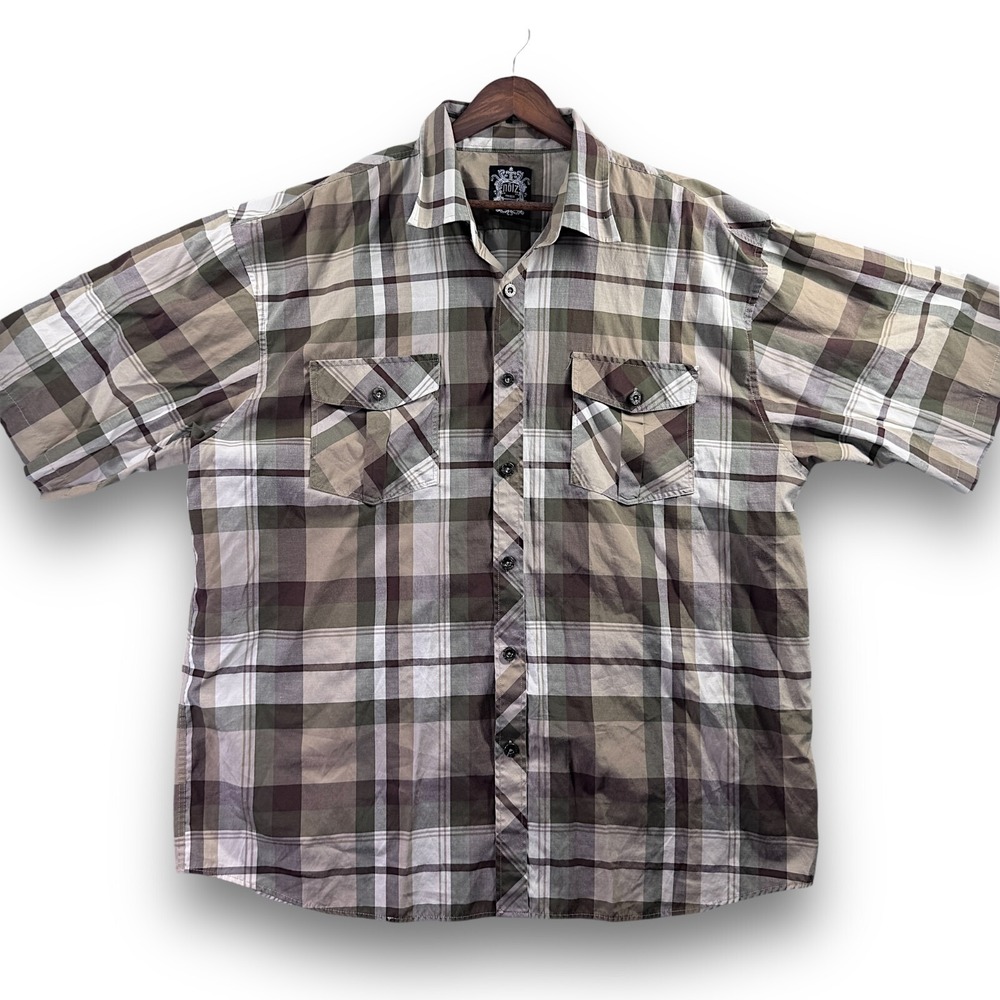 NOIZ Plaid Short Sleeve Button Up Shirt Mens 4XL Green Tan Brown Casual Pockets